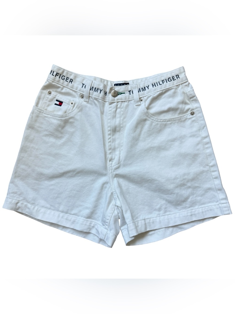 Vintage Tommy Hilfiger White Denim Shorts Logo Waistband Y2K 90s Preppy Size 8